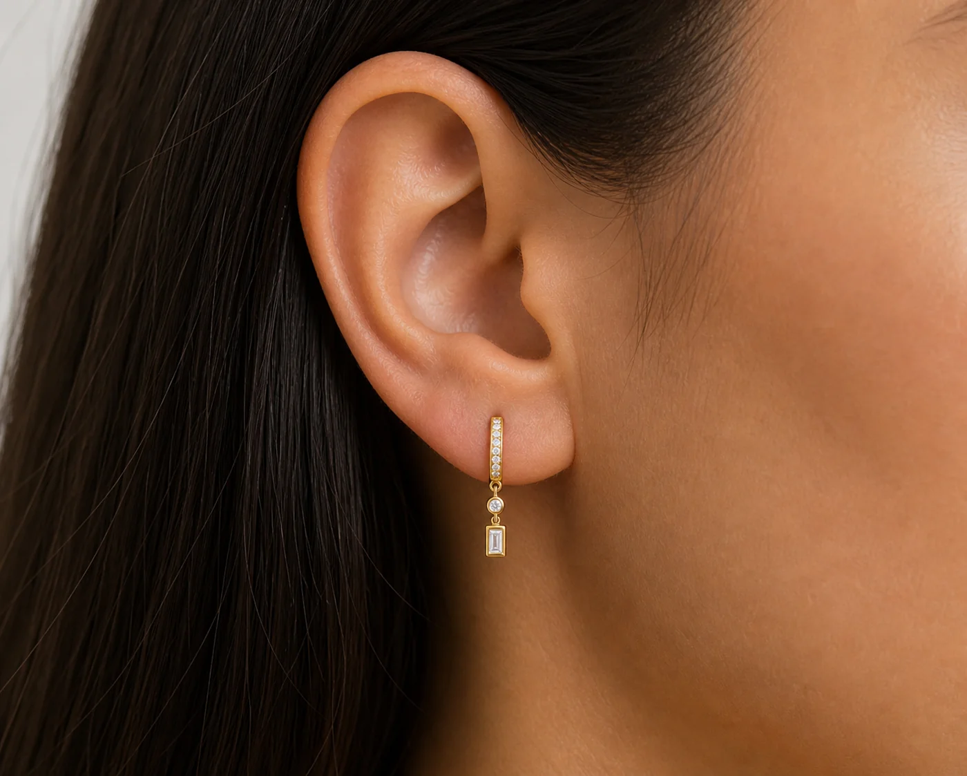 Mini Pave Diamond Huggies with Dangling Baguette and Round Diamonds - Image 2