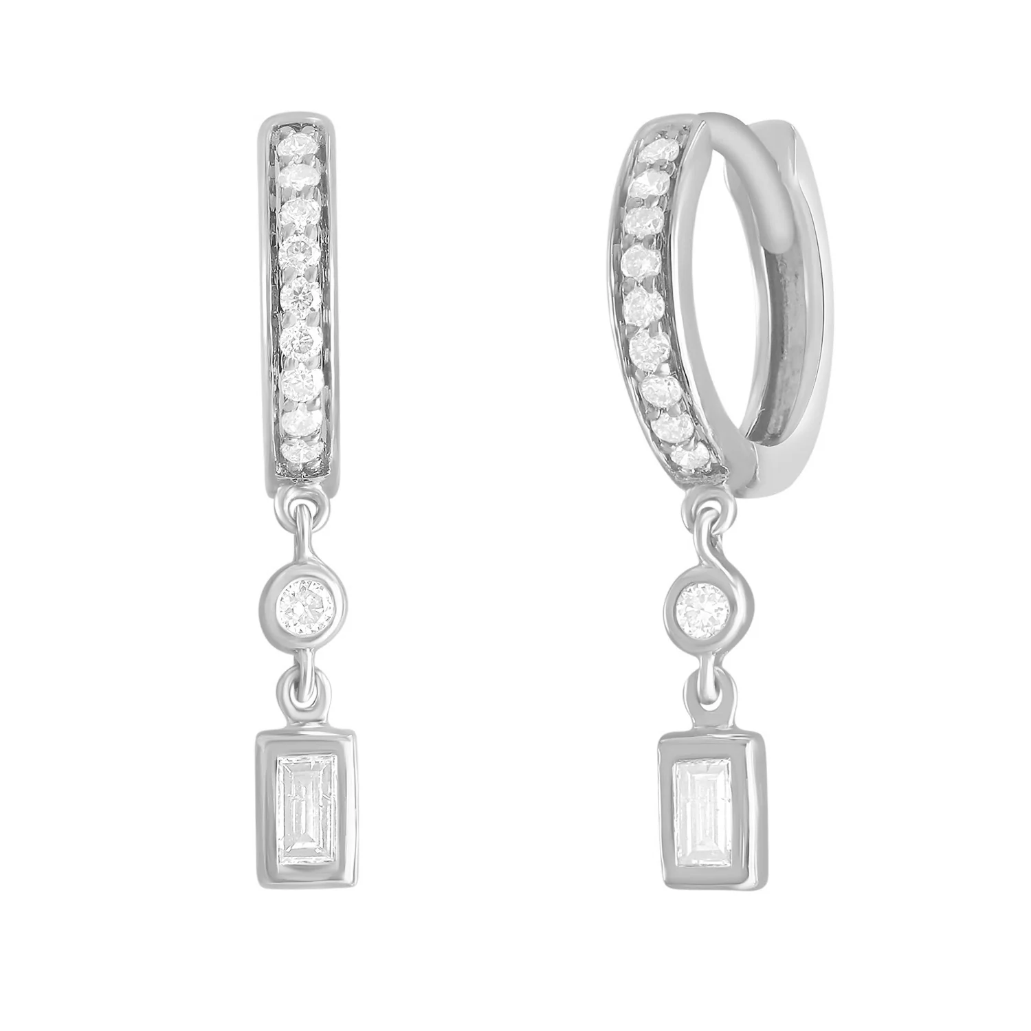 Mini Pave Diamond Huggies with Dangling Baguette and Round Diamonds - Image 3