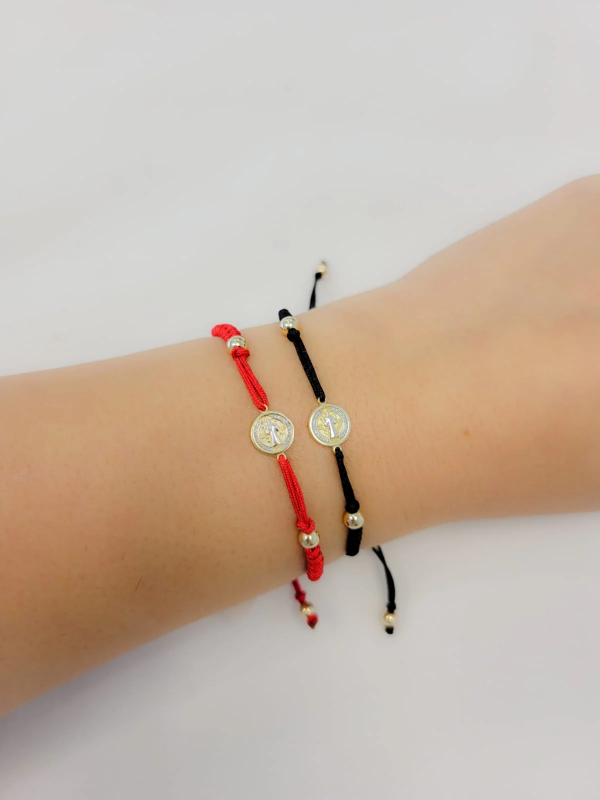 Two Tone Gold Miniature St Benedict Medal Macrame Bracelet - Image 3