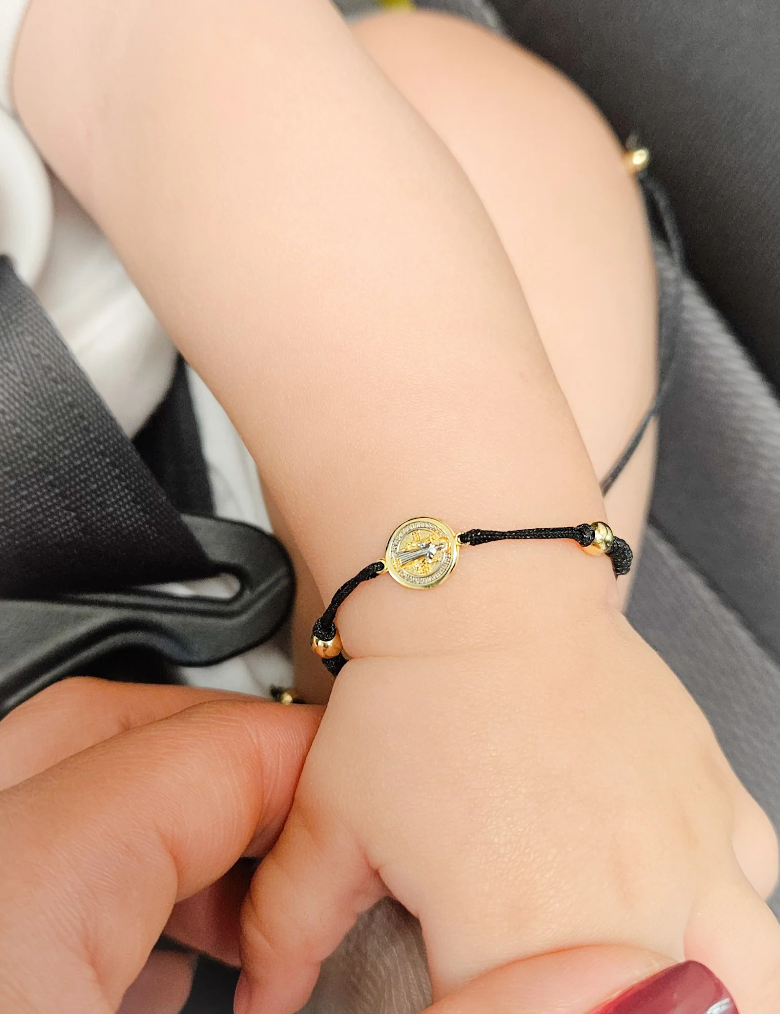Two Tone Gold Miniature St Benedict Medal Macrame Bracelet - Image 4