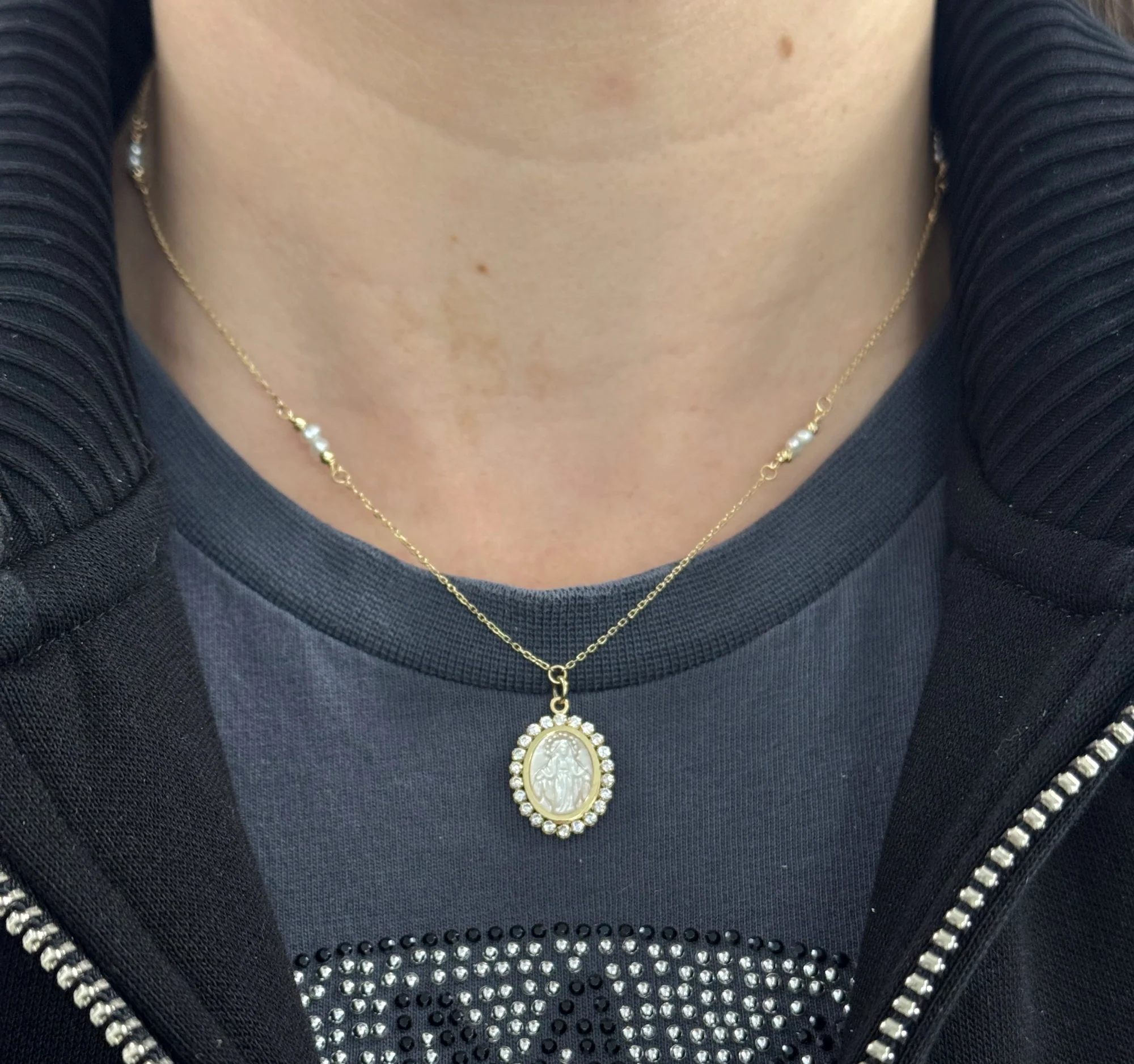 Mother of Pearl Miraculous CZ Medal Necklace with Pearl y Bead Stations - Image 3