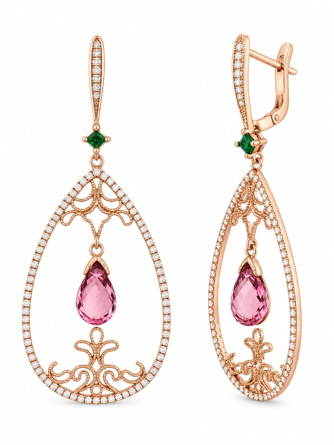 Open Drop Pink Tourmaline & Diamond Chandelier Earrings 14K Rose Gold