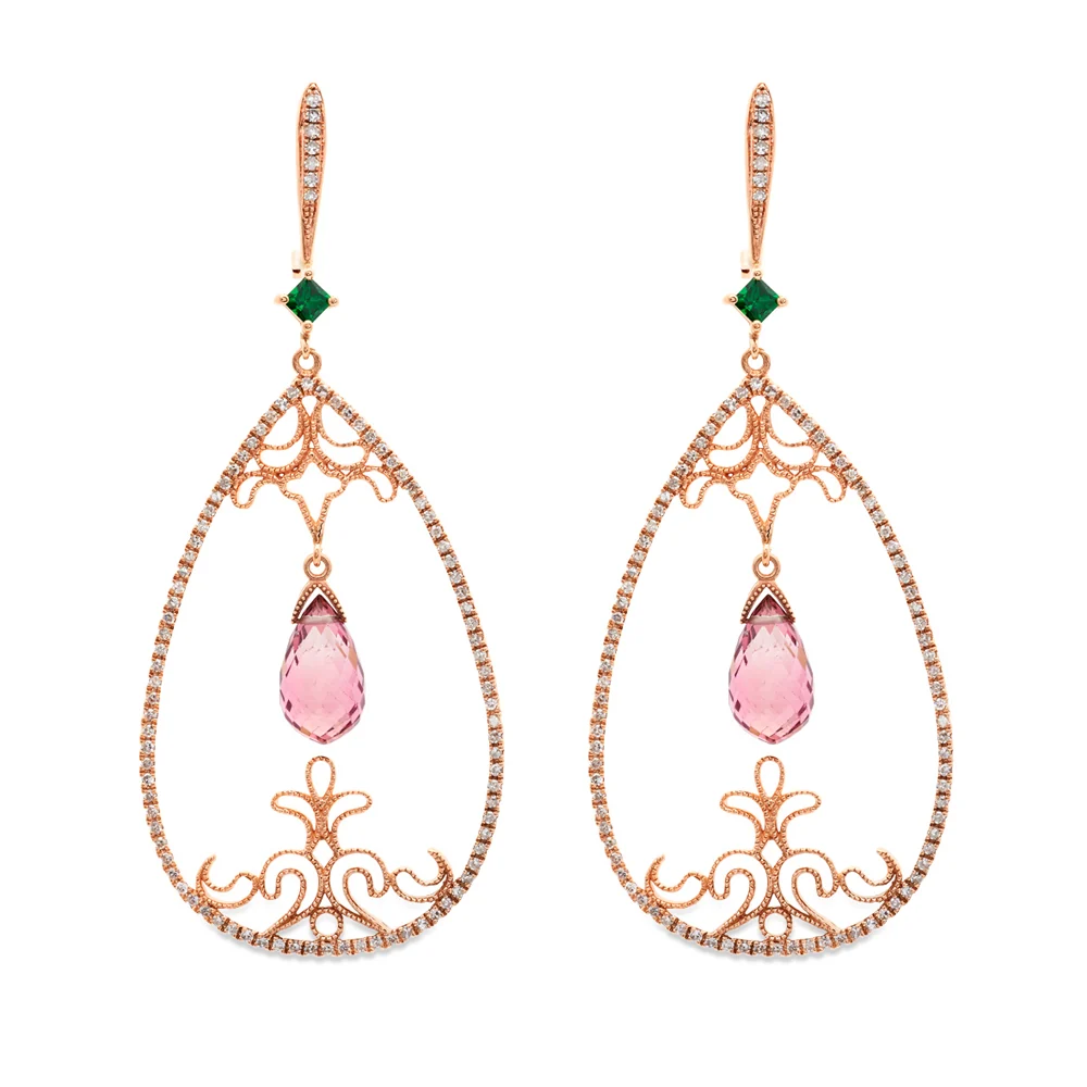 Open Drop Pink Tourmaline & Diamond Chandelier Earrings 14K Rose Gold - Image 3
