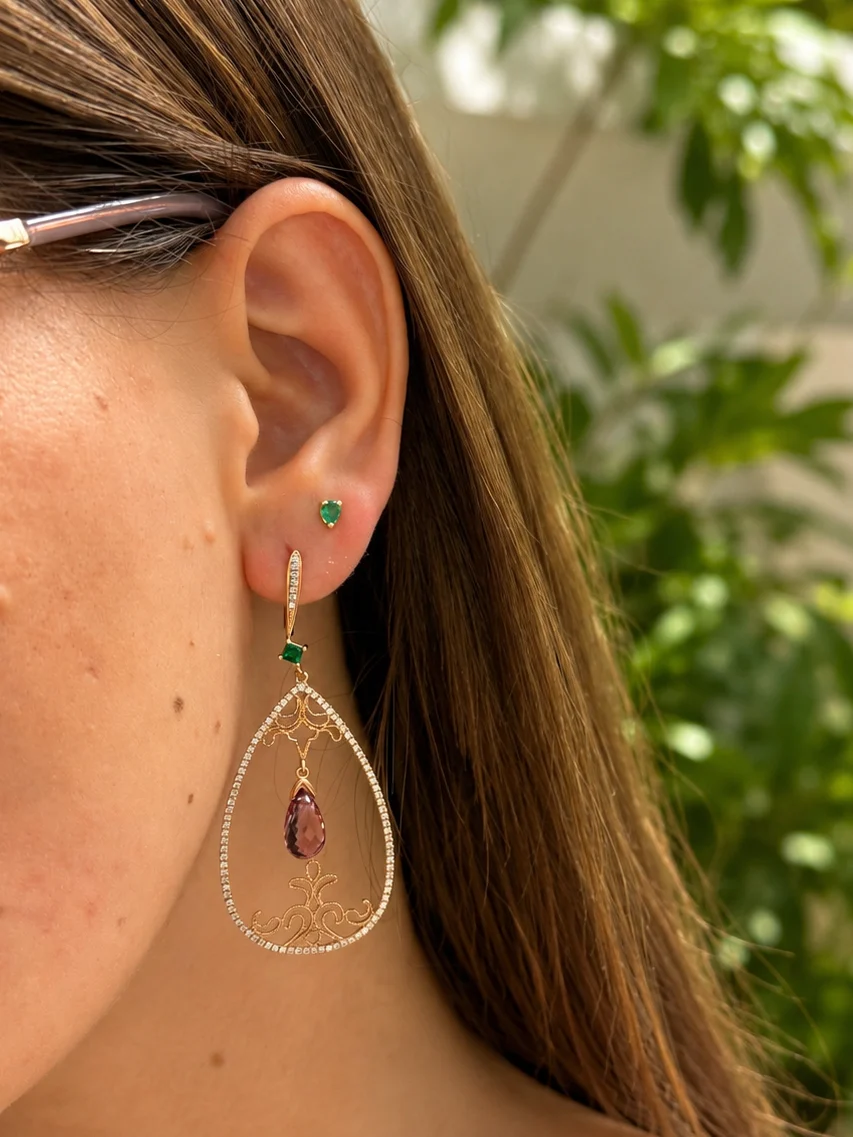 Open Drop Pink Tourmaline & Diamond Chandelier Earrings 14K Rose Gold - Image 4
