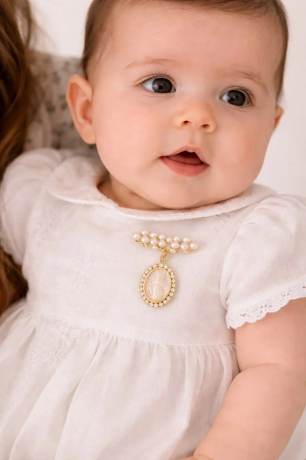 Pearl Bar Cluster Cubic Zirconia Mother of Pearl Miraculous Medal Baby Pin - Image 2