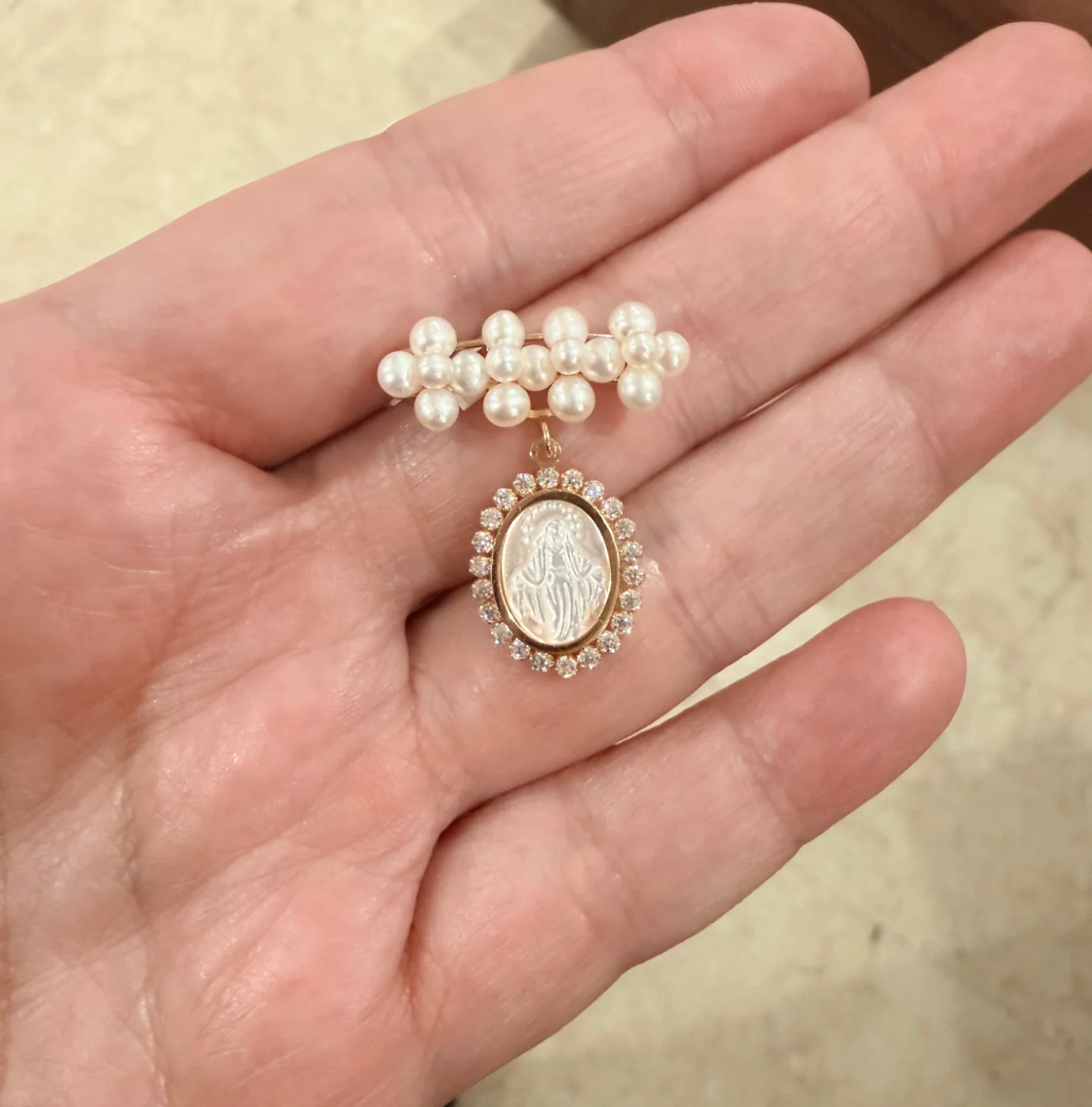 Pearl Bar Cluster Cubic Zirconia Mother of Pearl Miraculous Medal Baby Pin - Image 3