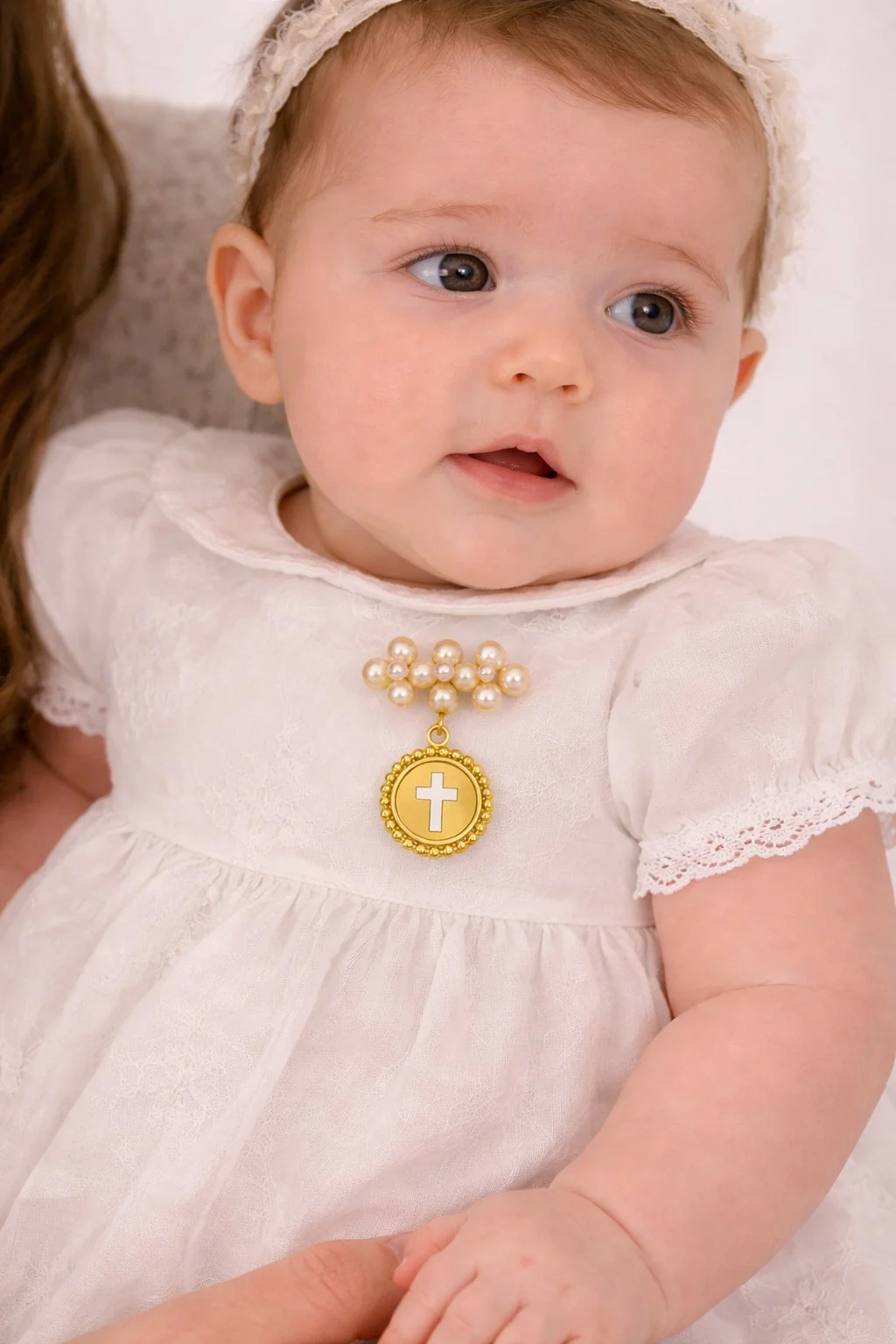 Pearl Cluster Baby Pin with Beaded Border Gold Cross Medal - Image 2