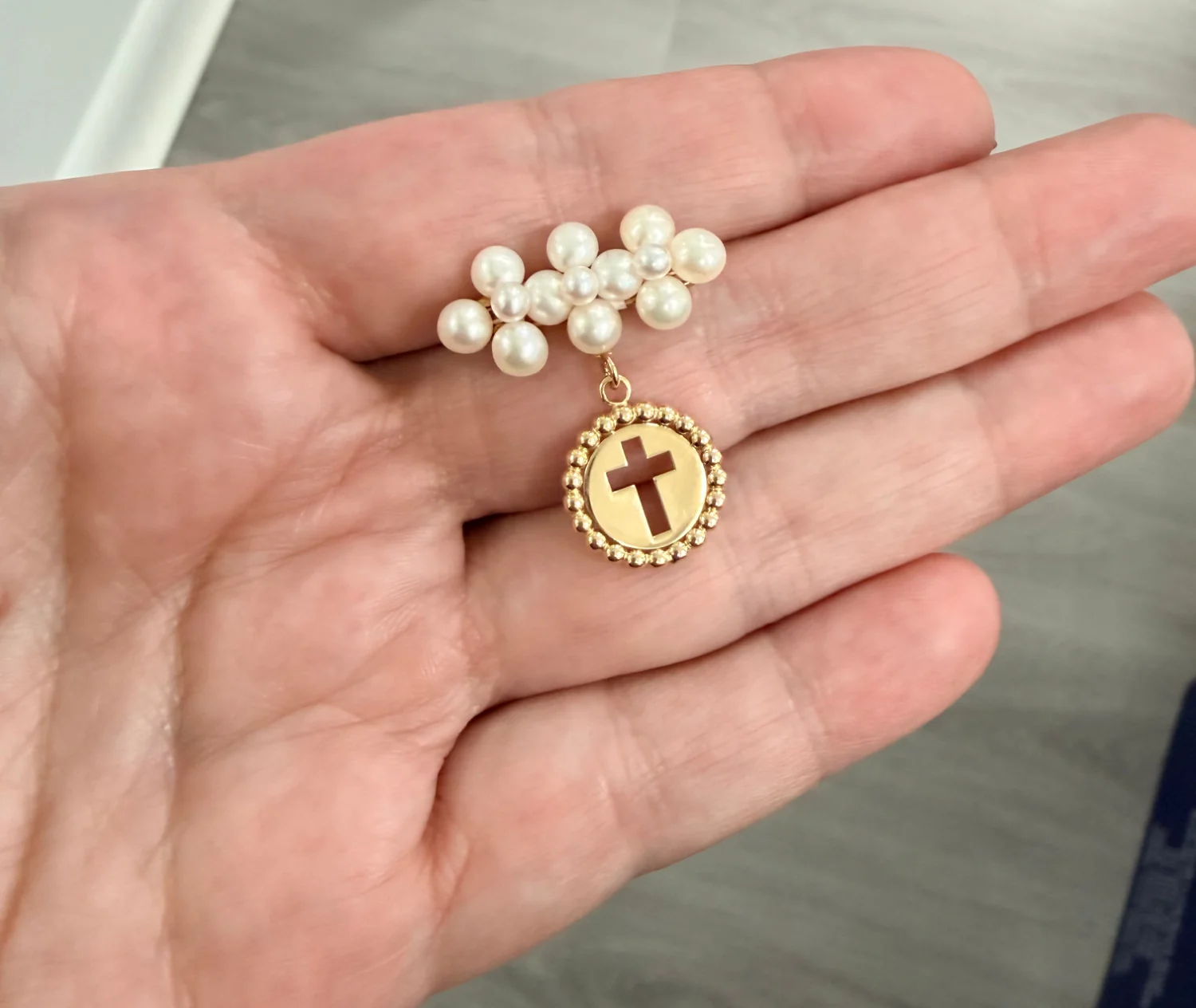 Pearl Cluster Baby Pin with Beaded Border Gold Cross Medal - Image 3