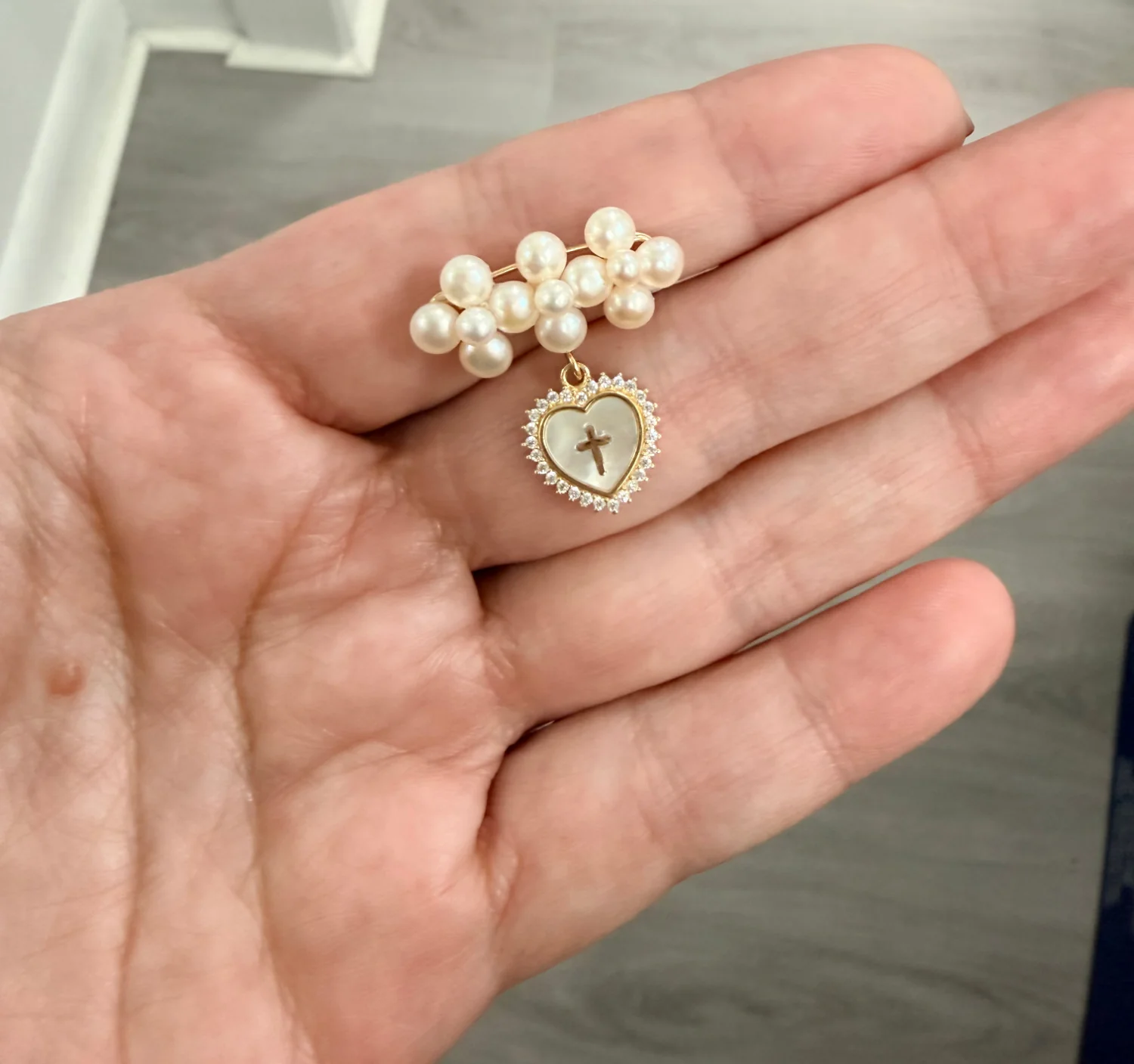 Pearl Cluster Baby Pin with Cubic Zirconia Mother of Pearl Heart Cross Medal - Image 3