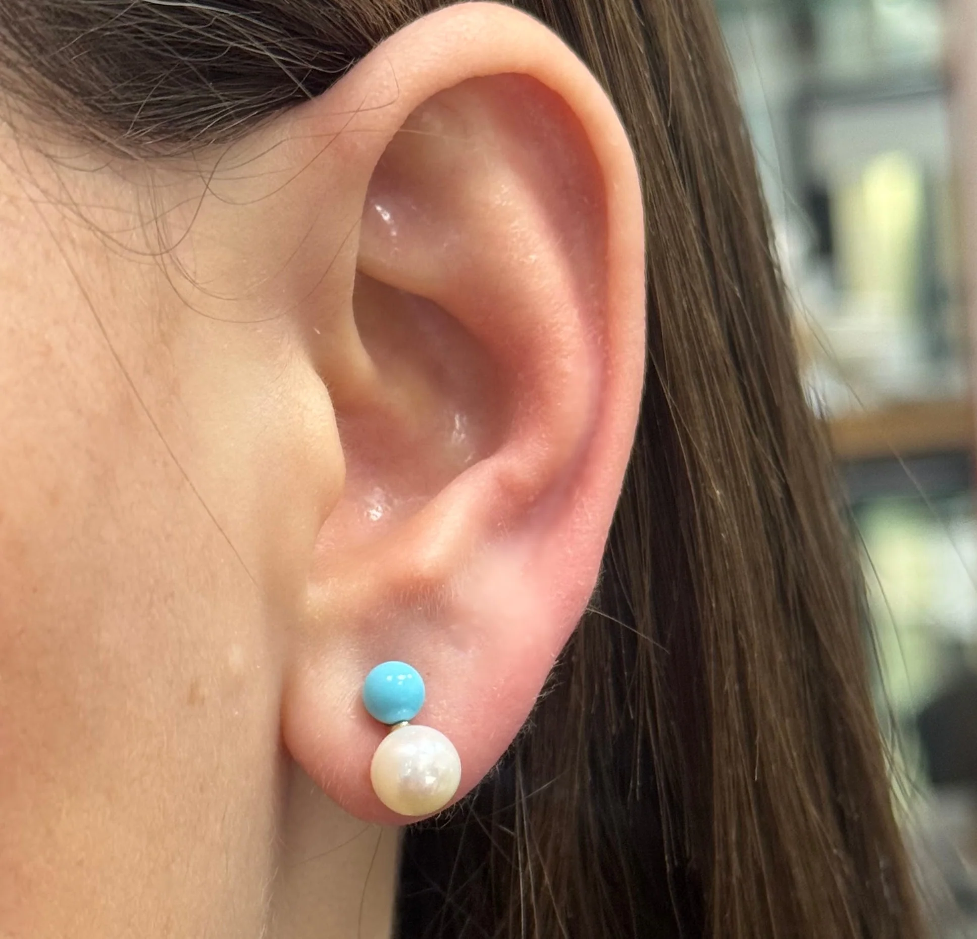 Peek-A-Boo Pearl or Pearl & Turquoise Earrings with Silicone Screwback - Image 4