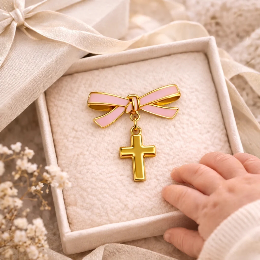 Pink Enamel Bow Baby Pin with Cross - Image 2