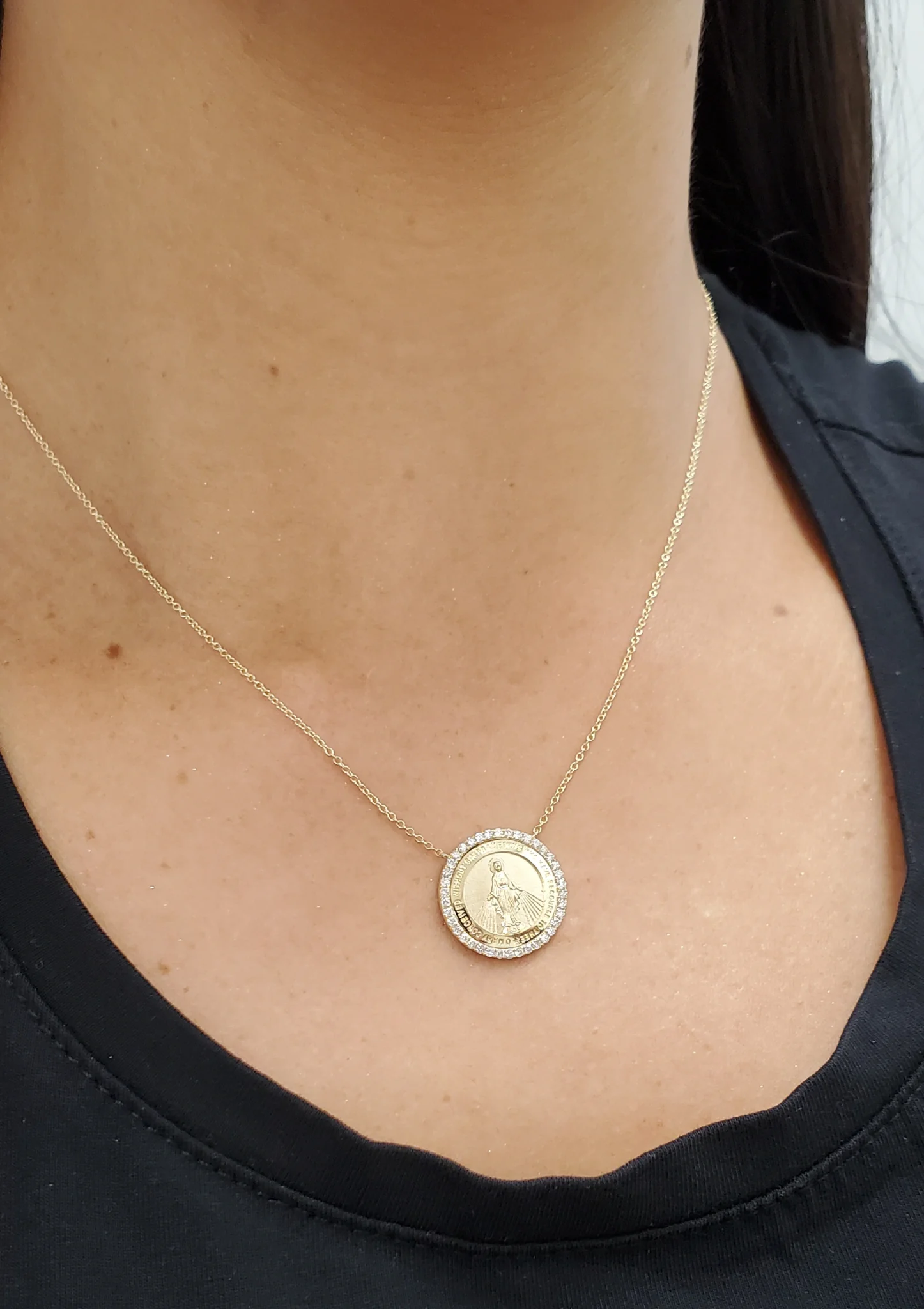 Radiant Grace Round Diamond Miraculous or Guadalupe Medal Necklace - Image 2