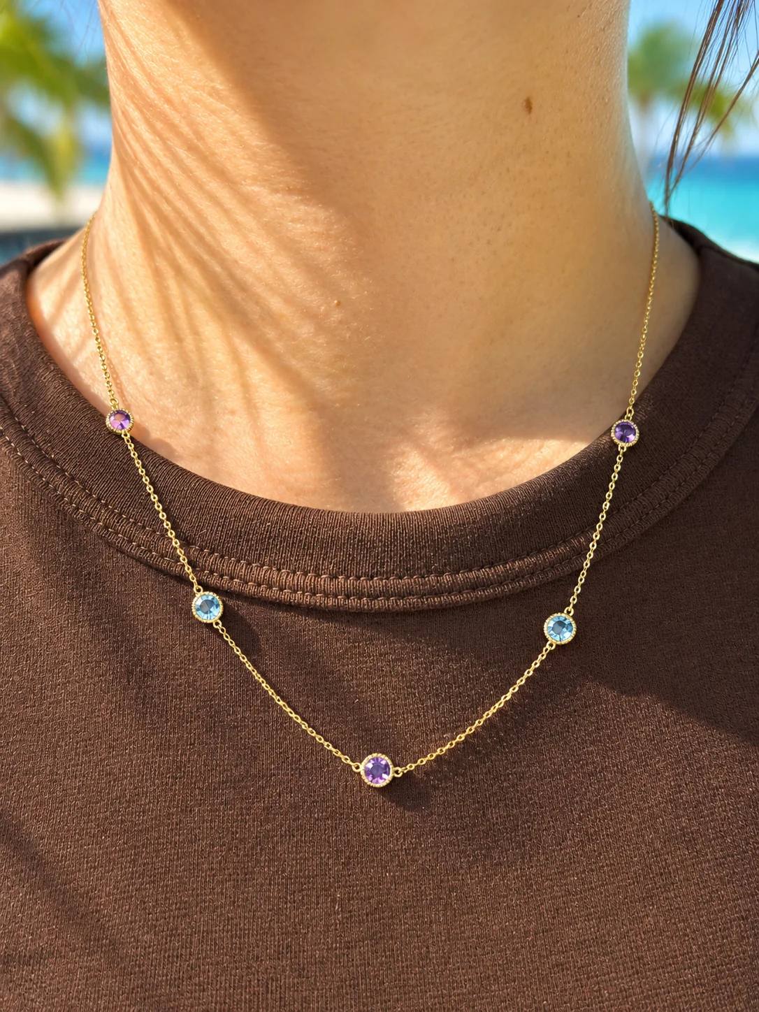 Rope Twist Halo Round Amethyst & Blue Topaz Station Necklace - Image 2