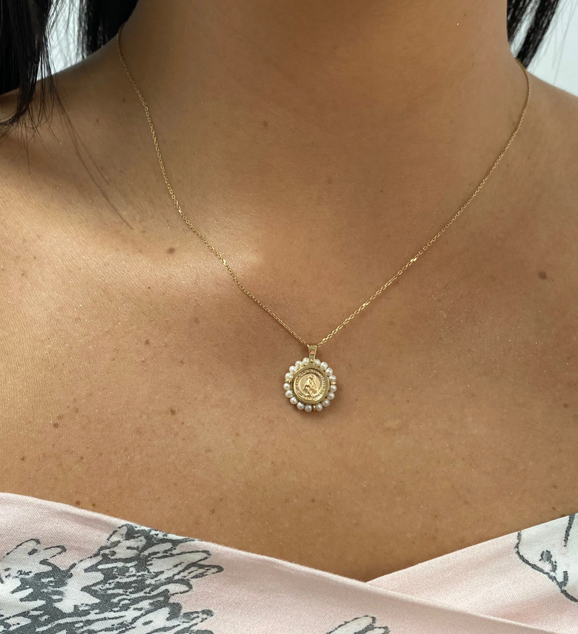 Round Miraculous Medal With Mini Pearls Pendant - Image 3