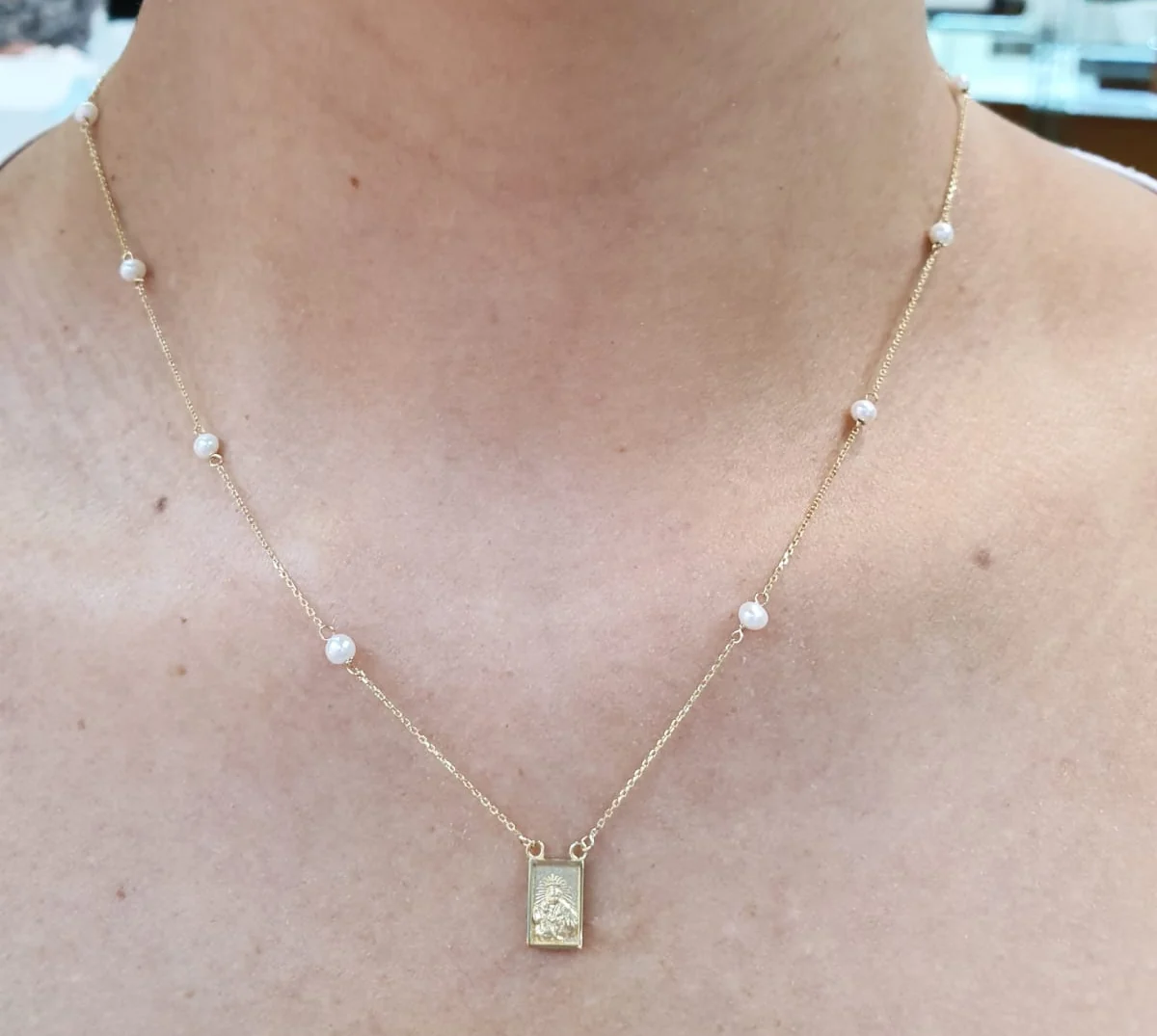 Single Small Scapular Medal on Pearl Necklace - Image 4