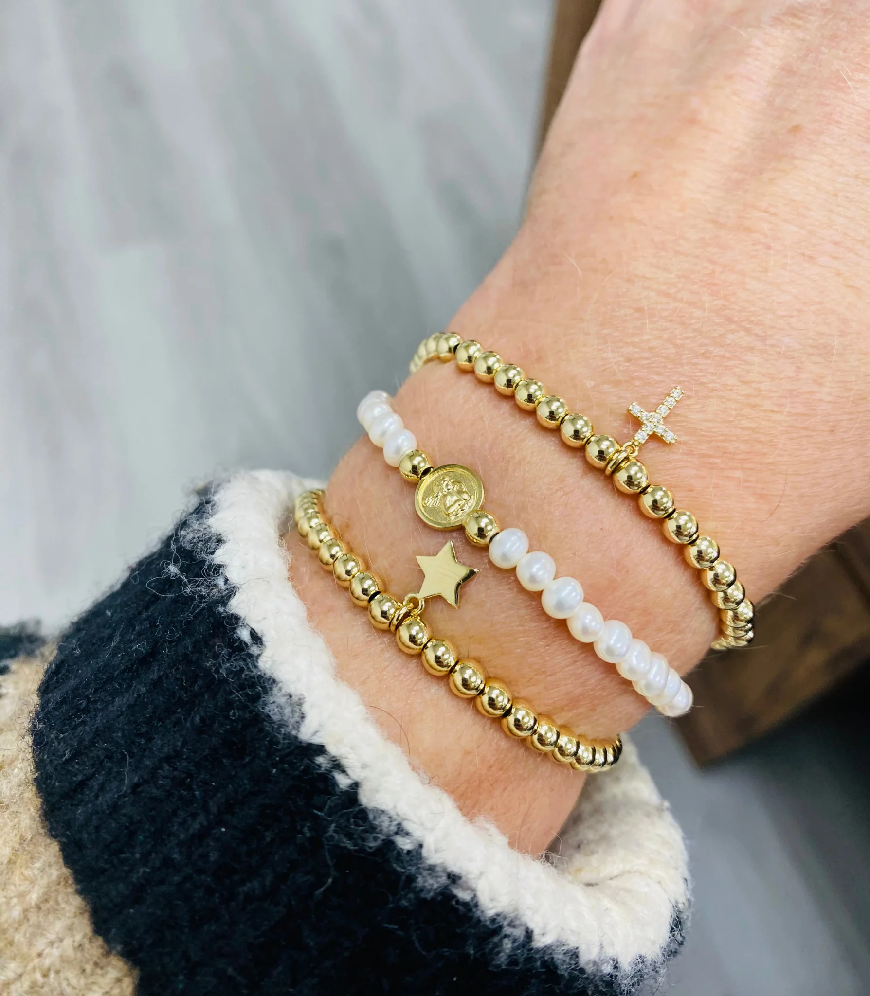 Cubic Zirconia Cross Elastic Gold Filled Bead Bracelet - Image 3