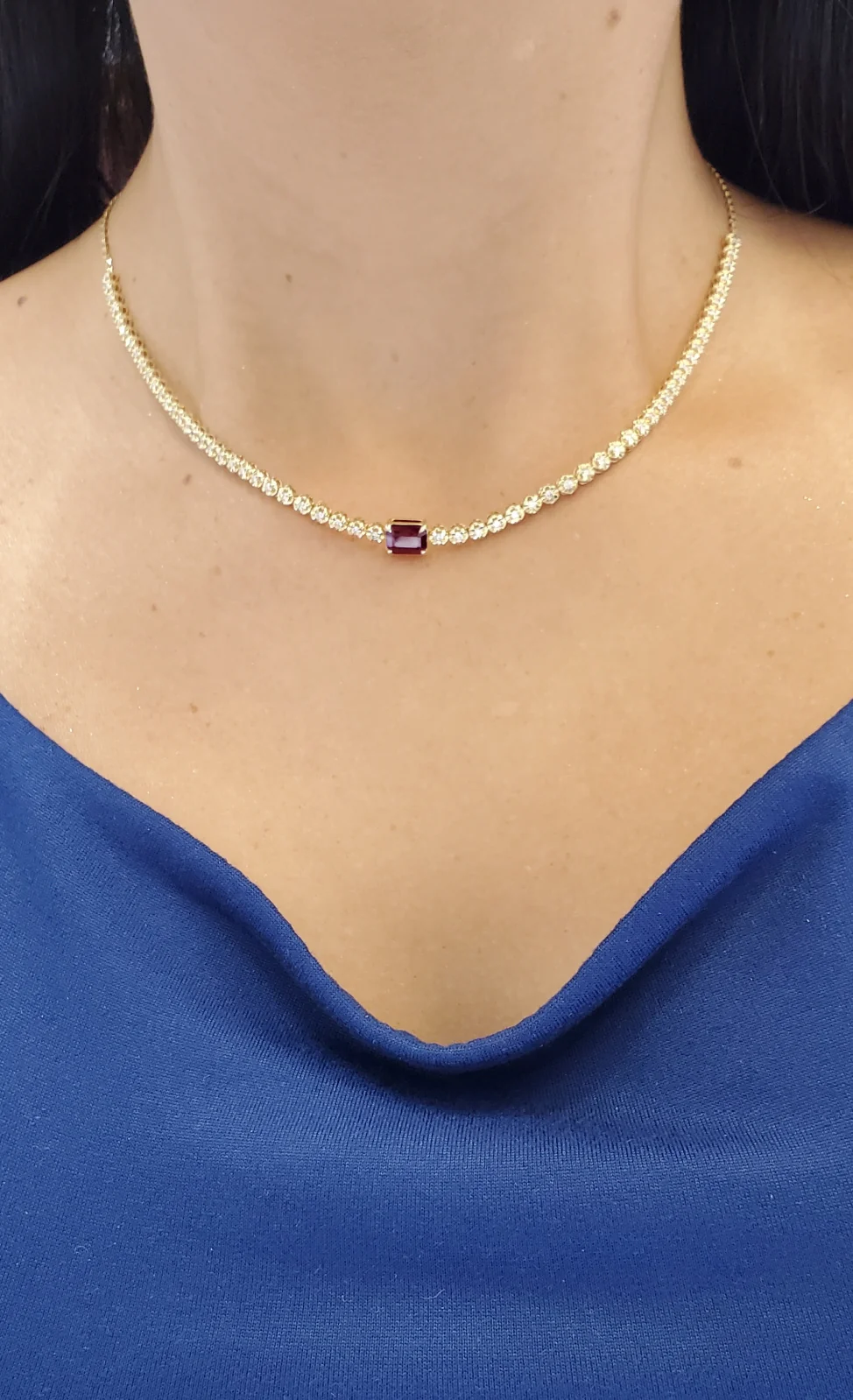 Single Step Cut Color Stone Diamond Tennis Necklace - Image 3