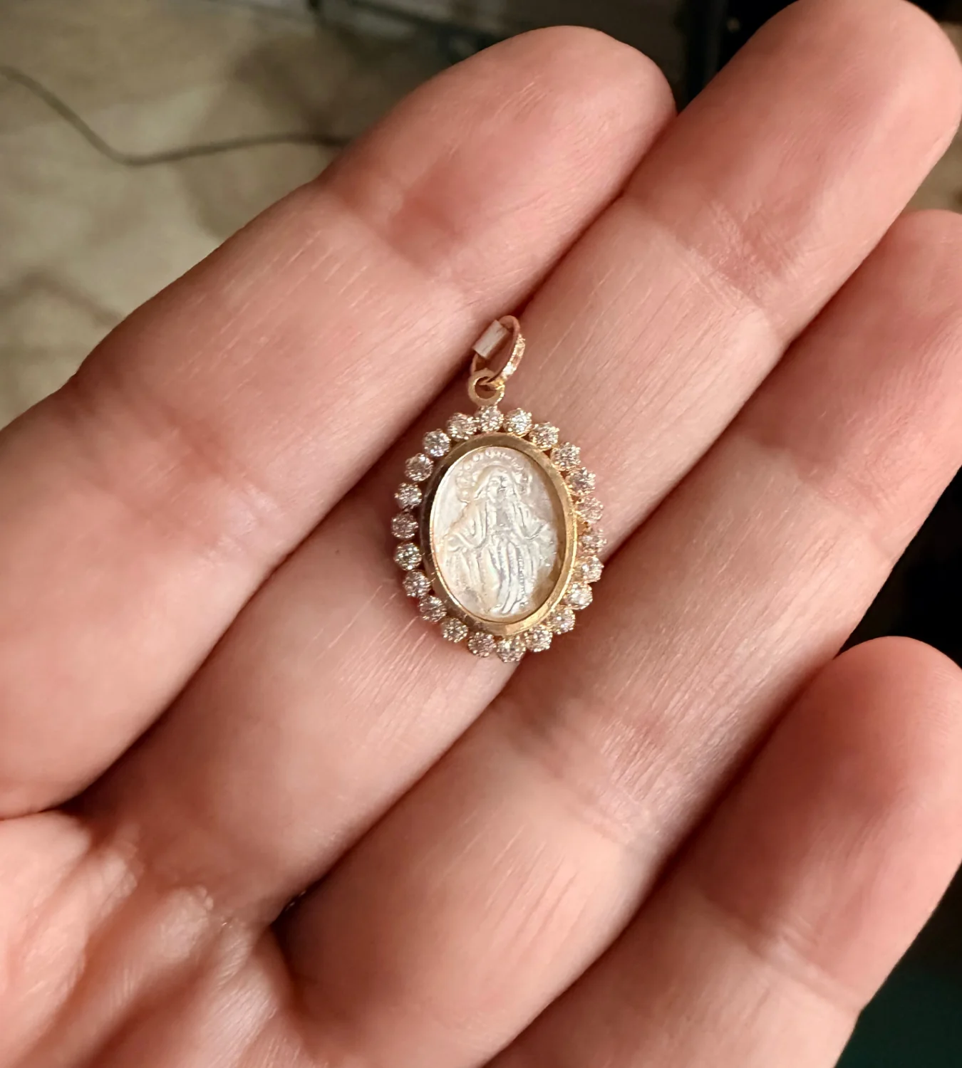 Small Mother of Pearl Miraculous Medal with CZ Frame - Image 2