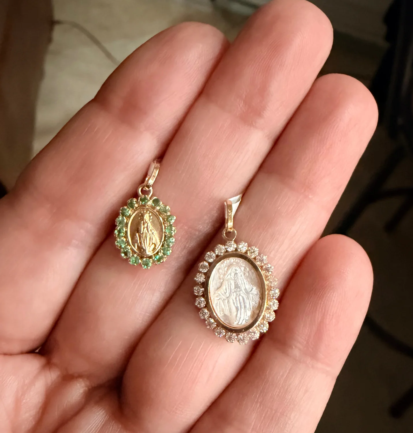 Small Mother of Pearl Miraculous Medal with CZ Frame - Image 4