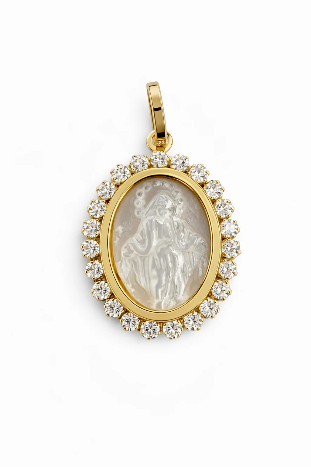 Small Mother of Pearl Miraculous Medal with CZ Frame - Image 5