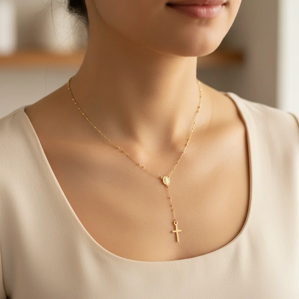 Thin Traditional Rosary with Mini Mirror Beads Necklace 20in - Image 2