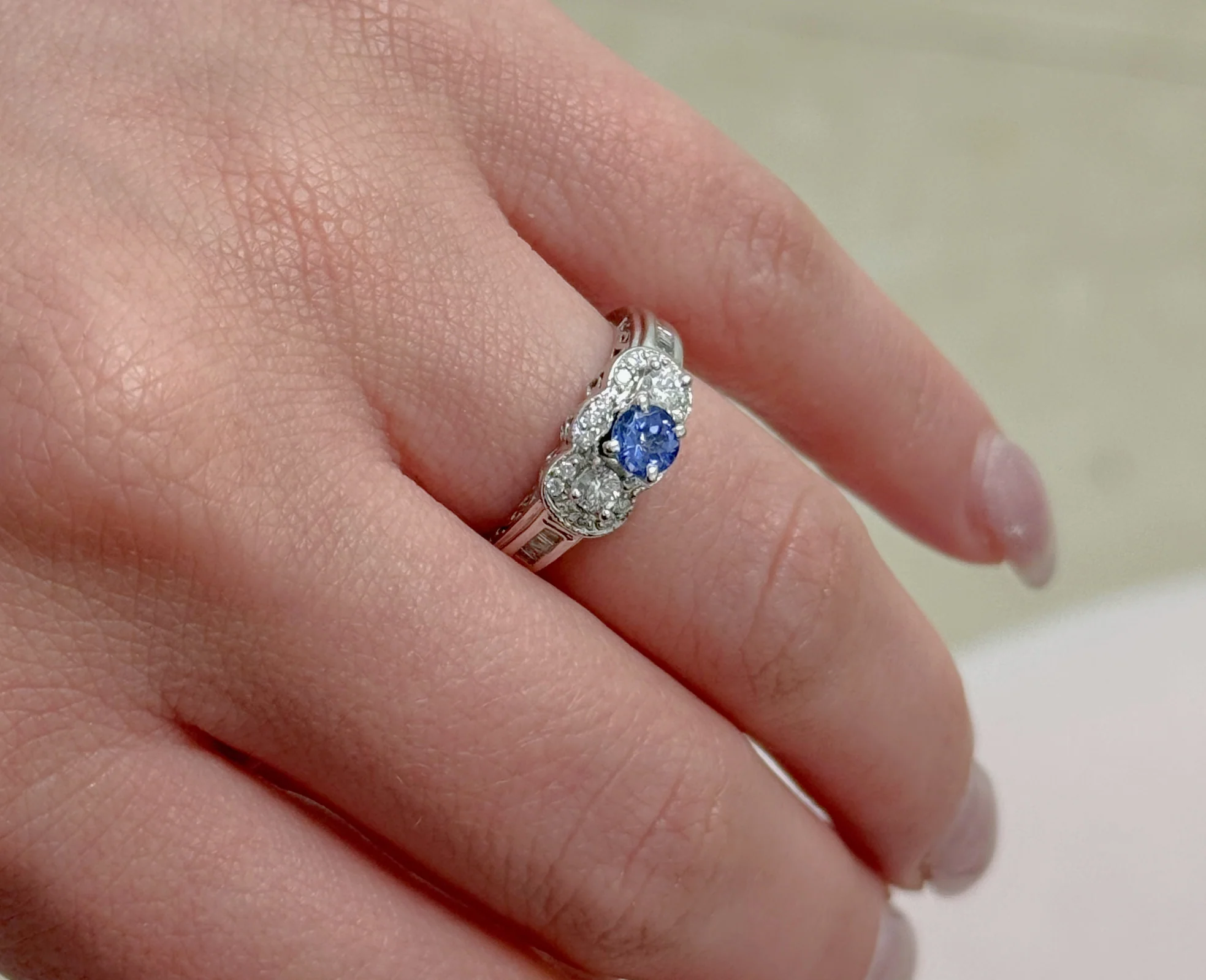 Three Stone Luxe Tanzanite and Diamond Ring 14K White Gold - Image 2