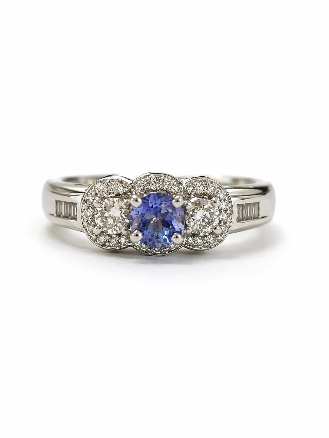 Three Stone Luxe Tanzanite and Diamond Ring 14K White Gold - Image 5