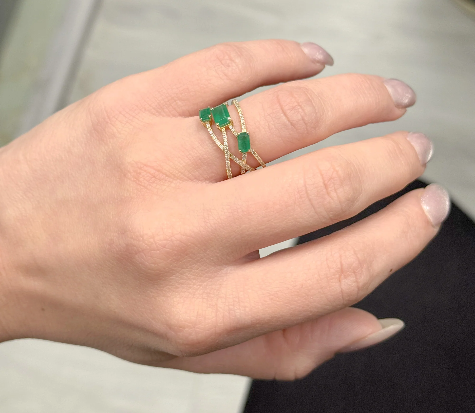 Triple Green Stone & Diamond Ring - Image 2