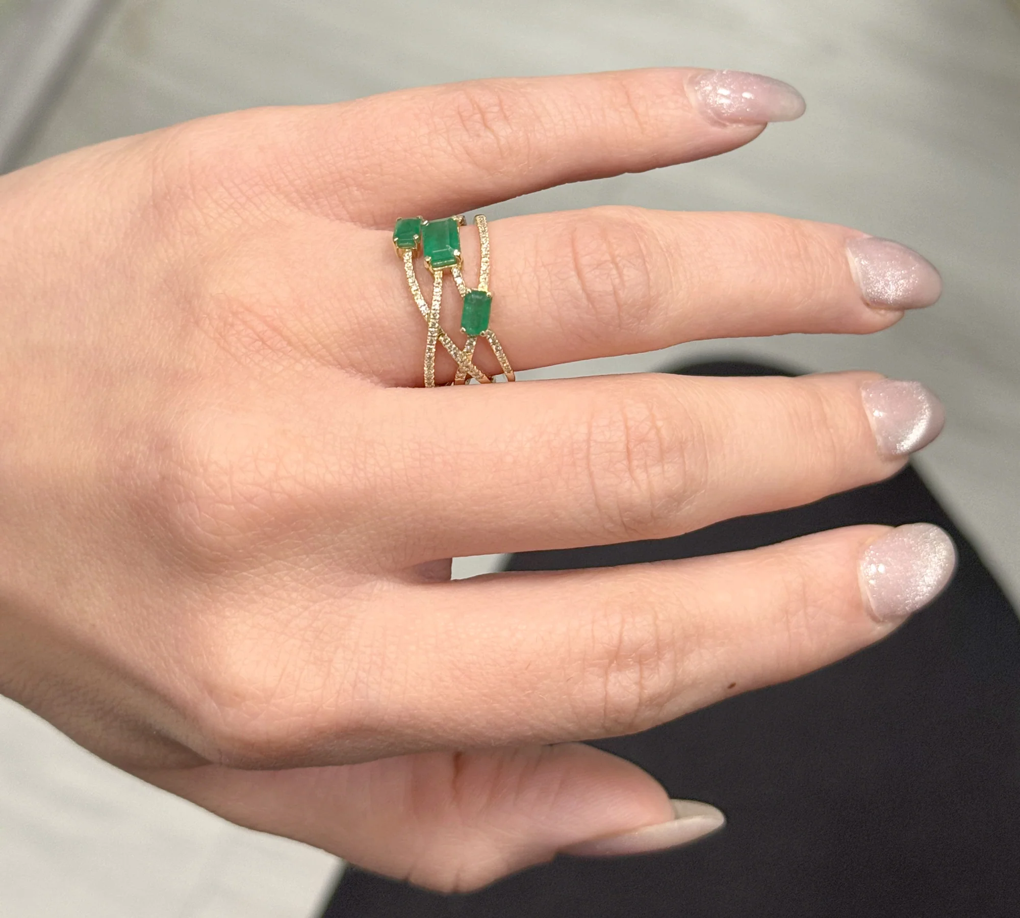 Triple Green Stone & Diamond Ring - Image 3