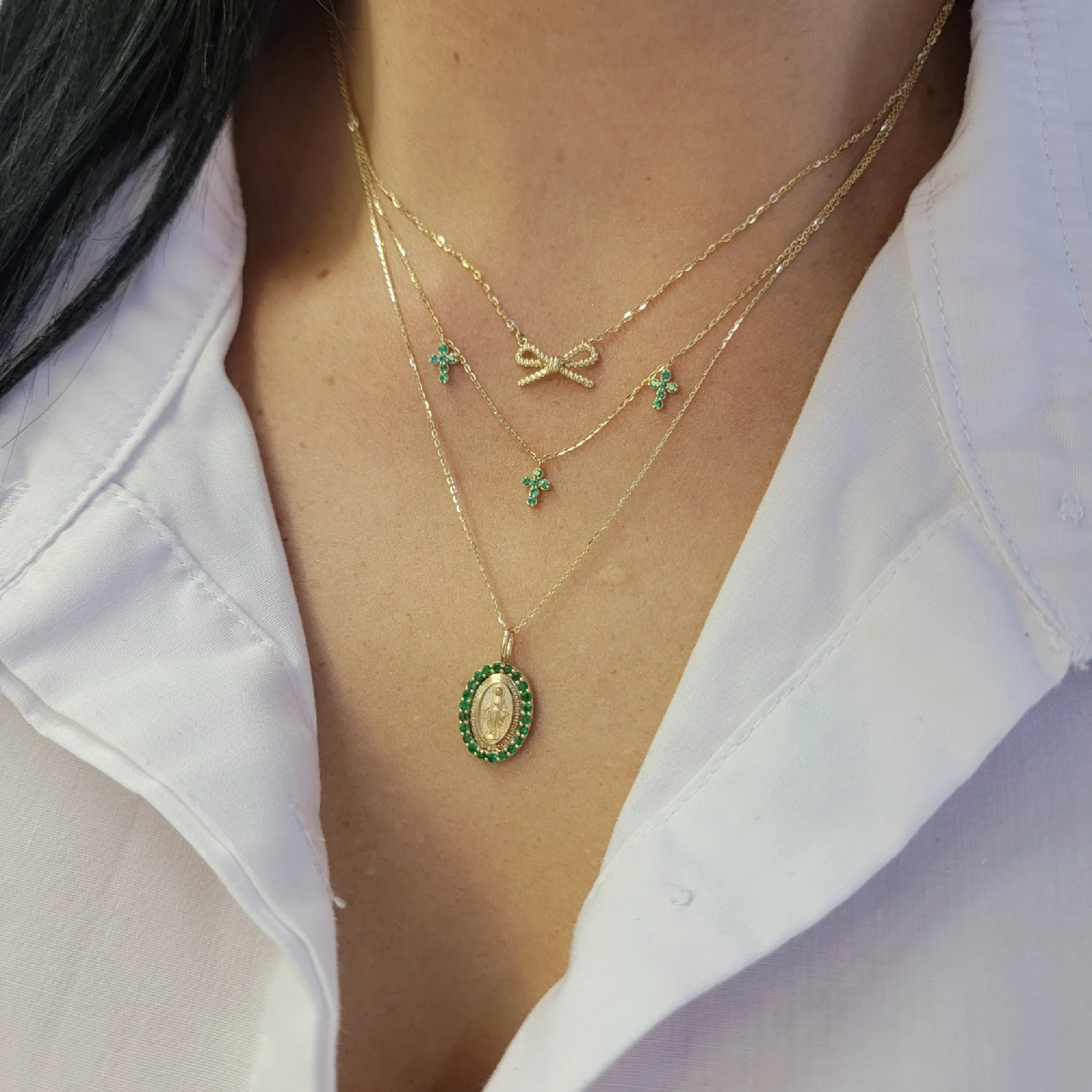 Small Miraculous Medal with Color Stone Border Necklace - Image 7