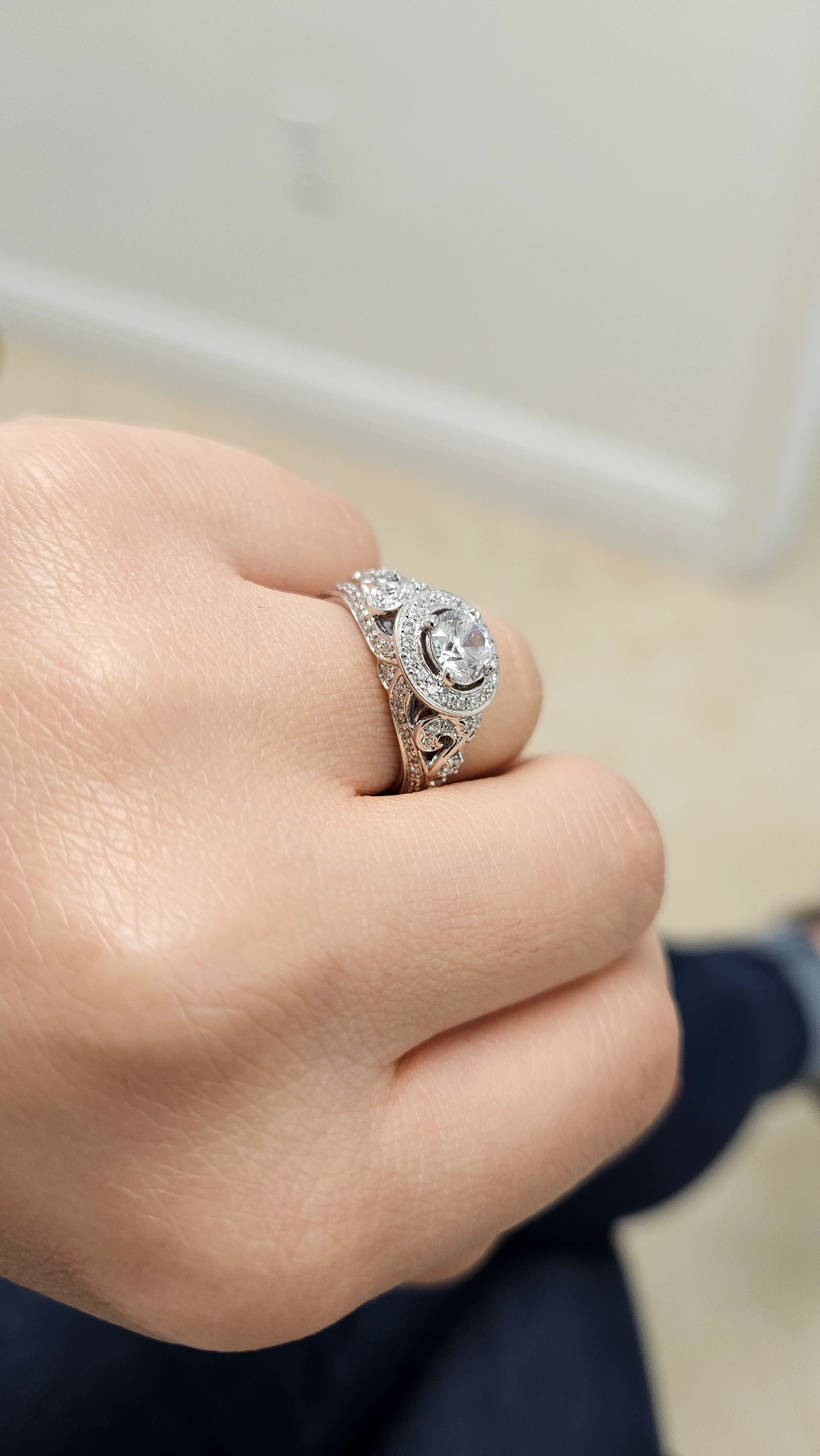 Versailles Fancy Halo Vintage Diamond Style Engagement Ring 18K White Gold - Image 3