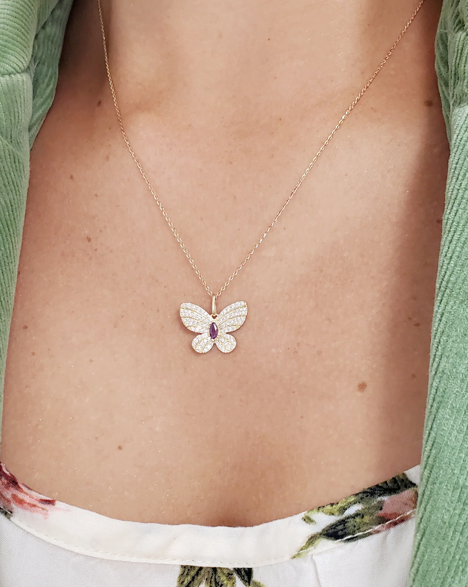 Whimsy in Flight Large Pave Diamond and Marquise Color Stone Butterfly Pendant Necklace - Image 5
