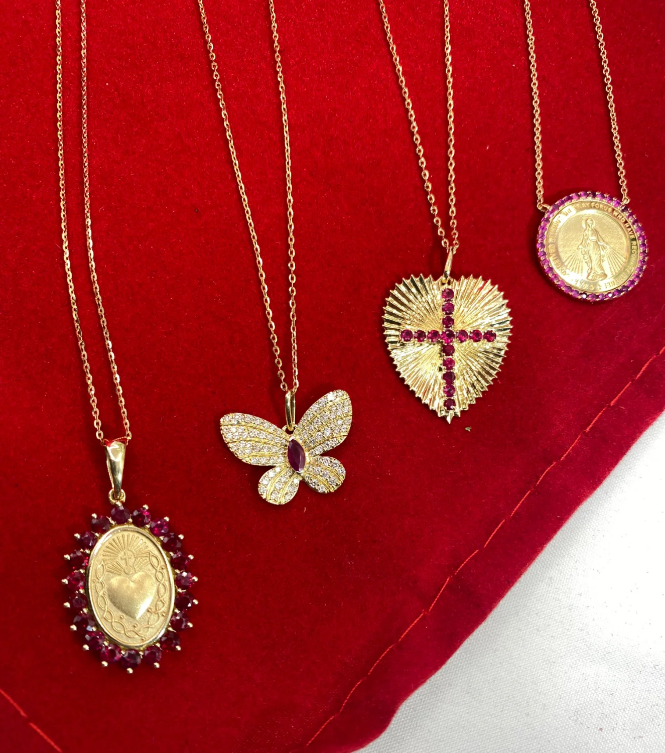 Large Radiating Gold Heart Medallion With Color Stone Cross Necklace - Image 5